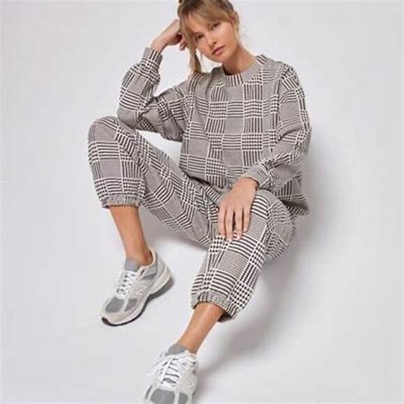 L*Space Sprinter Plaid Print Relaxed Fit Cream Black Jogger Sweatpants Size S - Picture 2 of 12